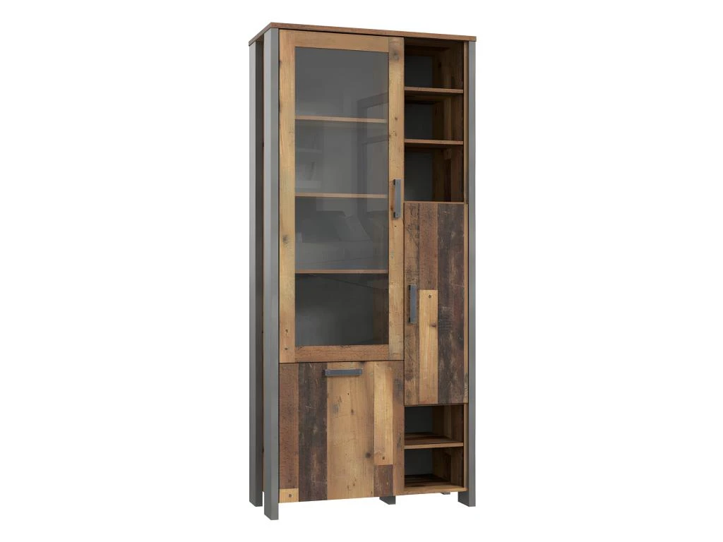 Vitrine 3 Portes Et 14 Niches Effet Bois Vieilli Et Béton Gris - BUCK