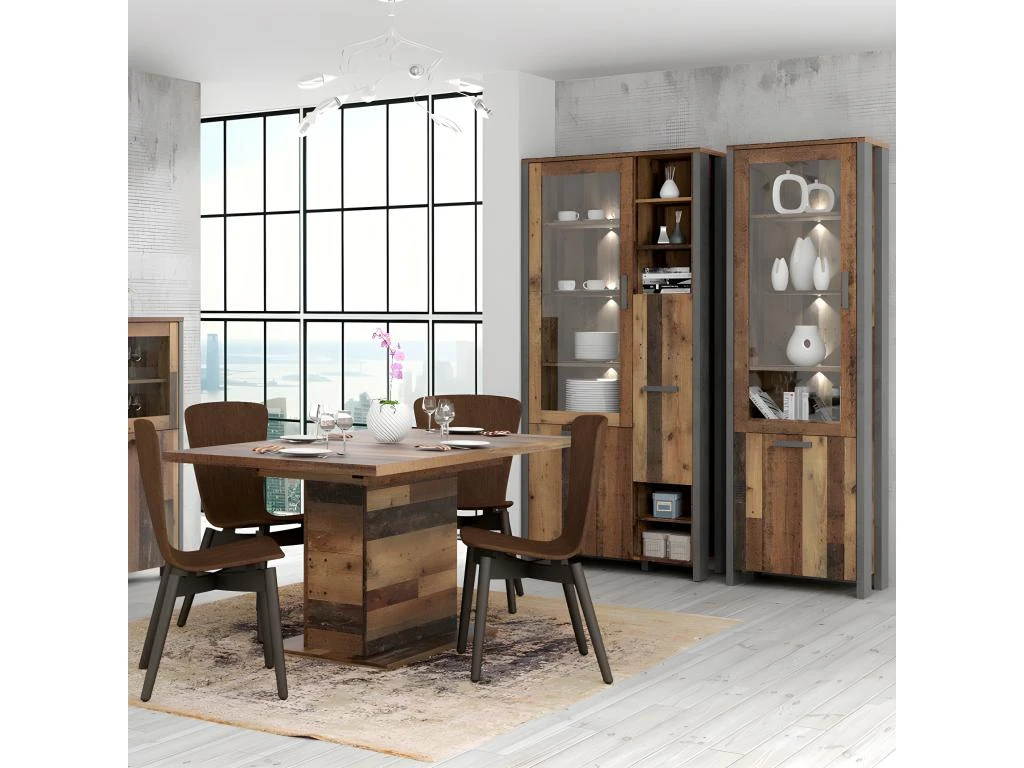 Vitrine 3 Portes Et 14 Niches Effet Bois Vieilli Et Béton Gris - BUCK – Image 2