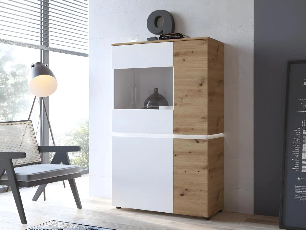 Vitrine 4 Portes Avec LEDs - Naturel Et Blanc - DOLONA