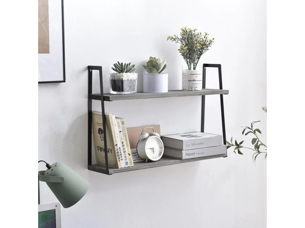 Set De 2 étagères Murales Eloi 2 Niveaux Gris, Bois De Paulownia – Image 2