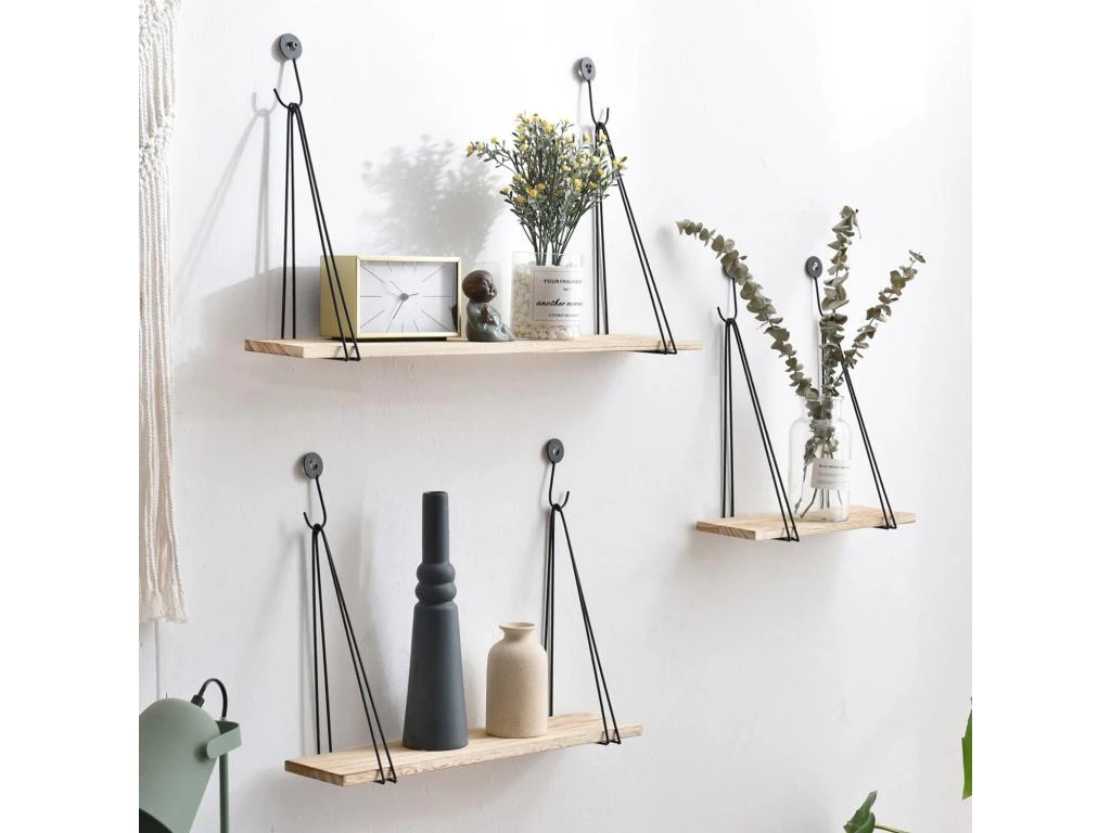 Set De 3 étagères Murales Airas En Métal Noir Et Bois De Paulownia – Image 2