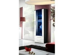 Vitrine NEO I Design, Coloris Noir Et Blanc Brillant, Tiroirs Blancs Brillants + LED.