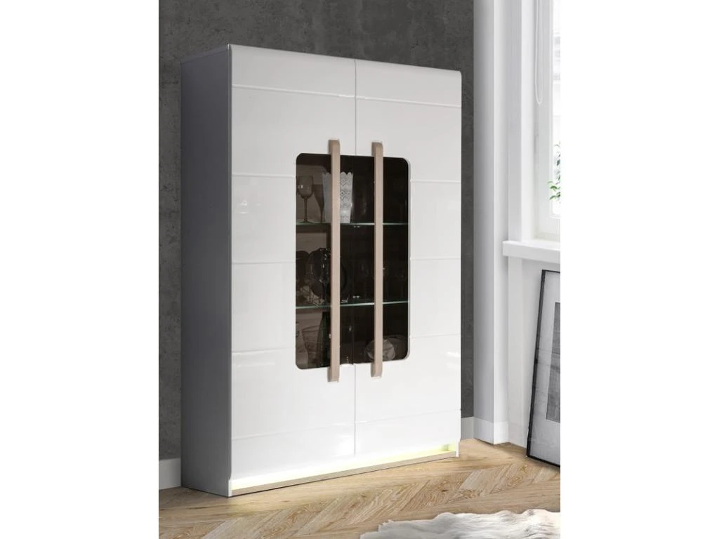 Vitrine 2 Portes Laquée Blanche Et Décor Chêne Naturel - ALEXIANE – Image 2