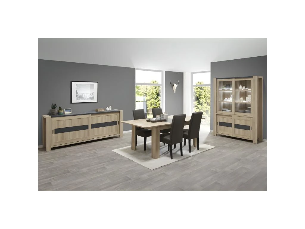 IRIS - Vitrine 4 Portes Coulissantes Imitation Bois + Led