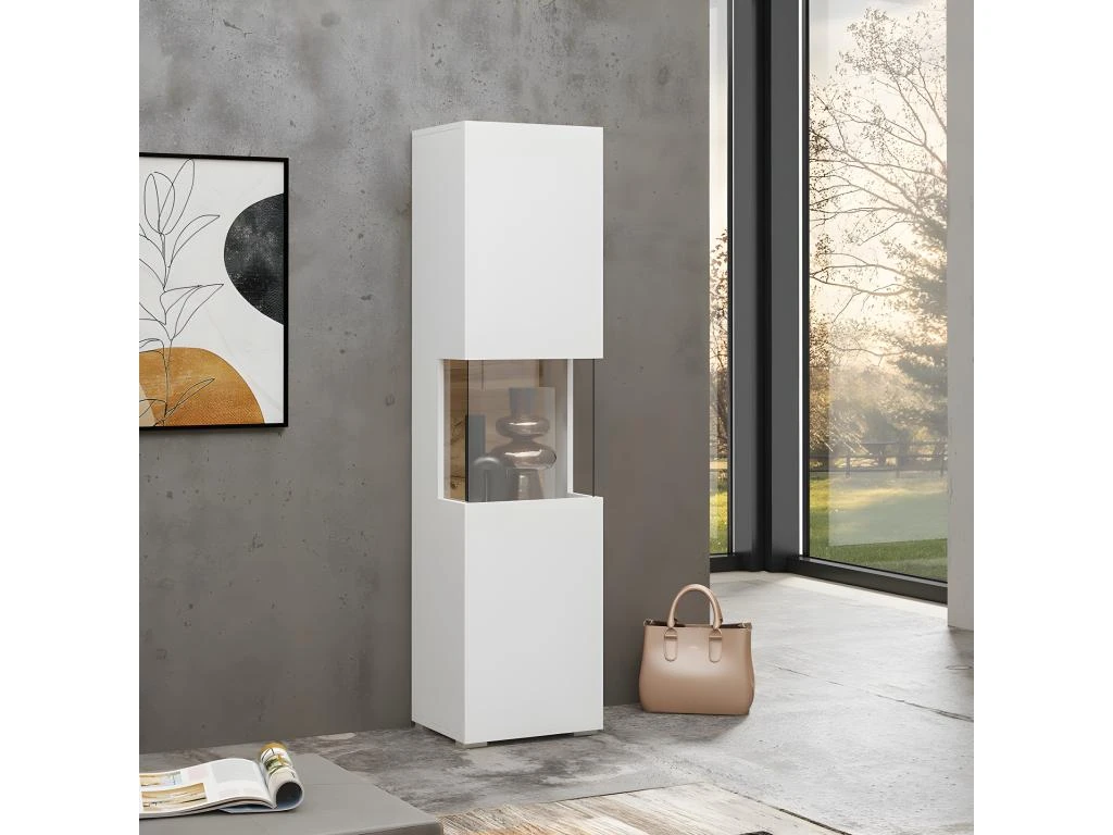 Vitrine 1 Porte Partiellement Vitrée Collection EVA. Couleur Blanc Et Chêne.