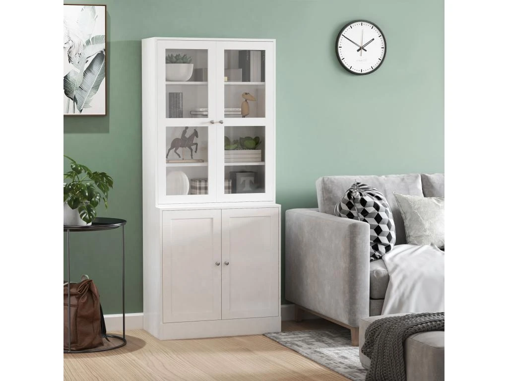 HOMCOM Bibliothèque Vitrine Multi-rangement - 2 Portes Verre, 2 Portes Bois, 4 étagères Réglables - MDF Blanc