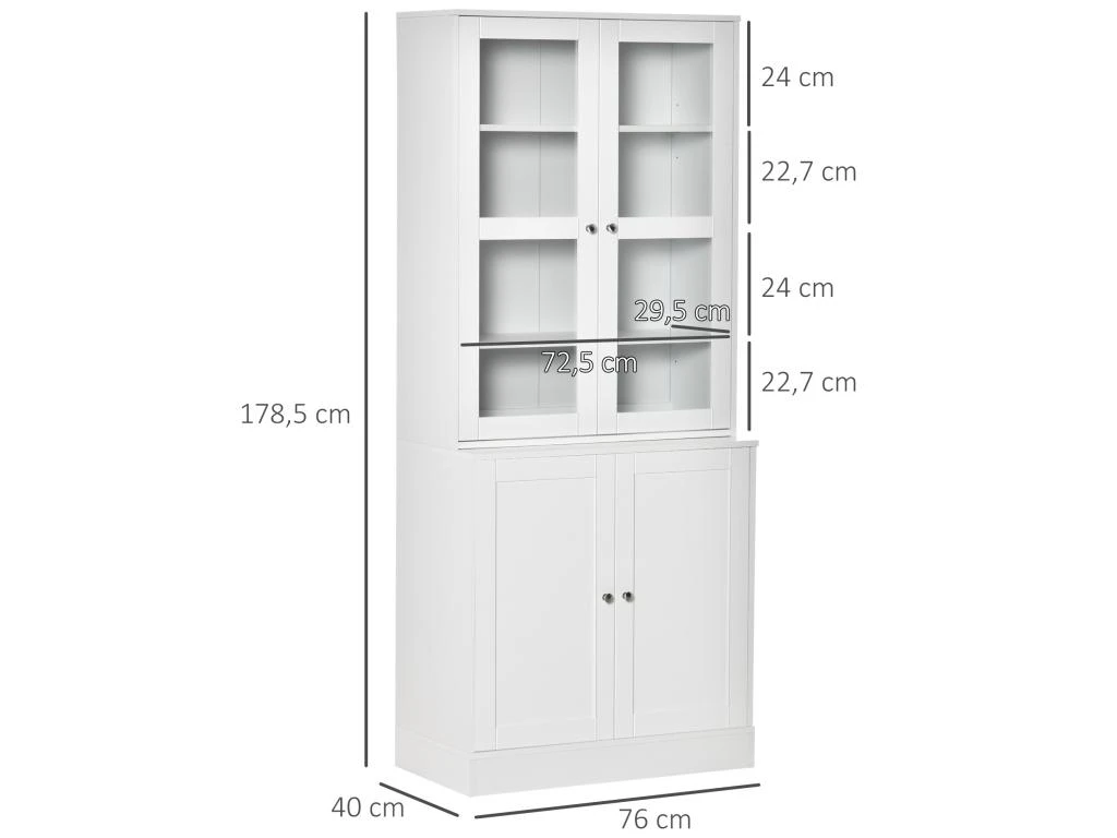 HOMCOM Bibliothèque Vitrine Multi-rangement - 2 Portes Verre, 2 Portes Bois, 4 étagères Réglables - MDF Blanc – Image 3