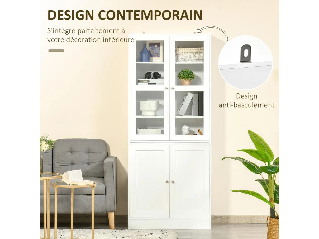 HOMCOM Bibliothèque Vitrine Multi-rangement - 2 Portes Verre, 2 Portes Bois, 4 étagères Réglables - MDF Blanc – Image 4