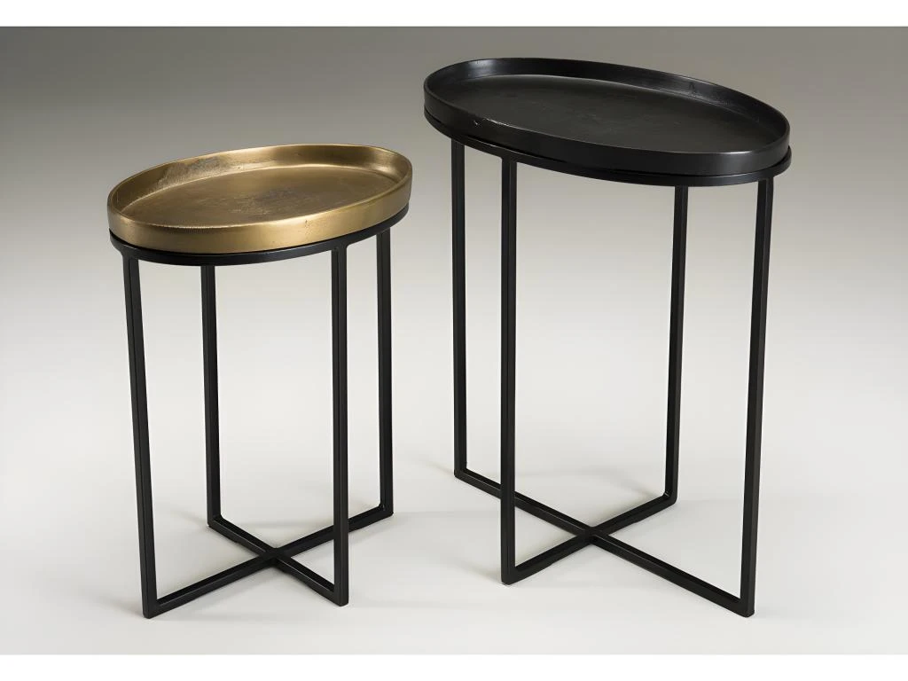 JONAS - Set De 2 Tables D'appoint Ovales Aluminium Doré Et Noir - Pieds Métal Noir – Image 5