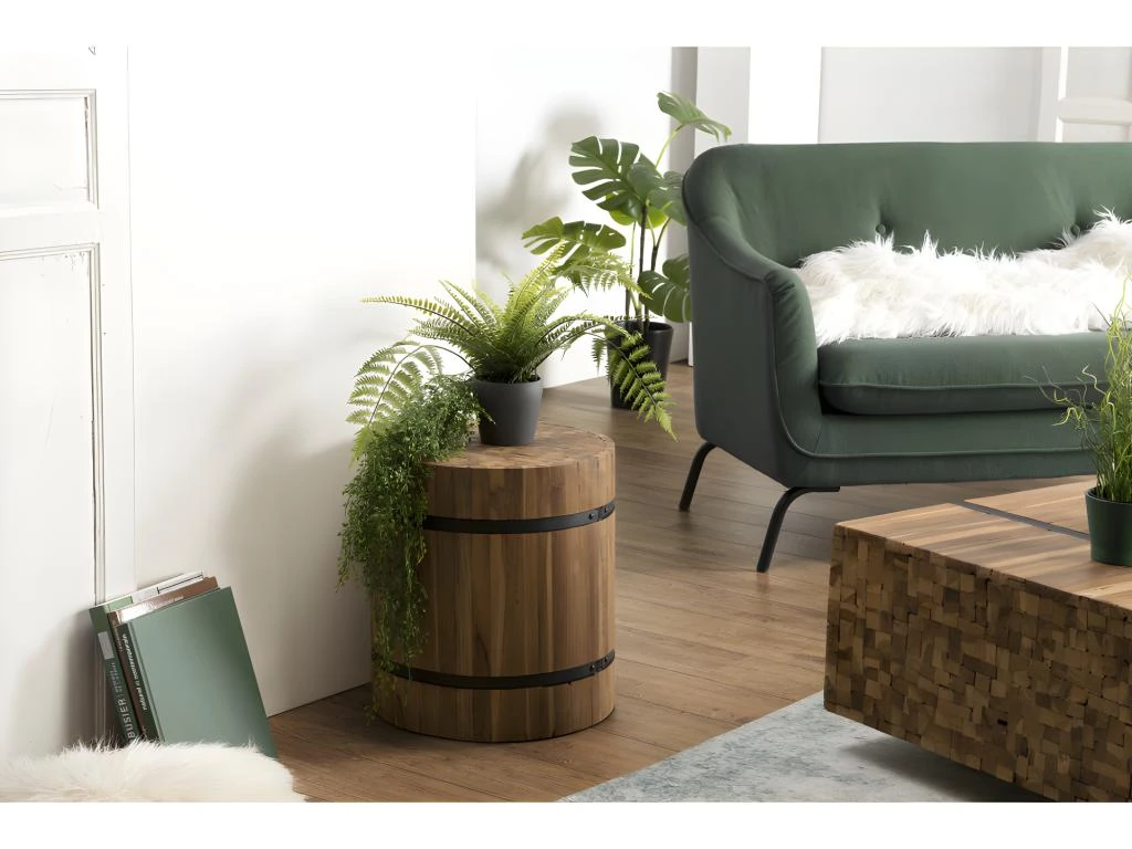 SUZY - Table D'appoint Bois Ronde 40x40cm Teck Recyclé Cerclée Métal Noir