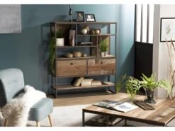 ALIDA - Étagère Marron 2 Tiroirs Et 7 Niches Teck Recyclé Acacia Mahogany Recyclé Et Métal Noir