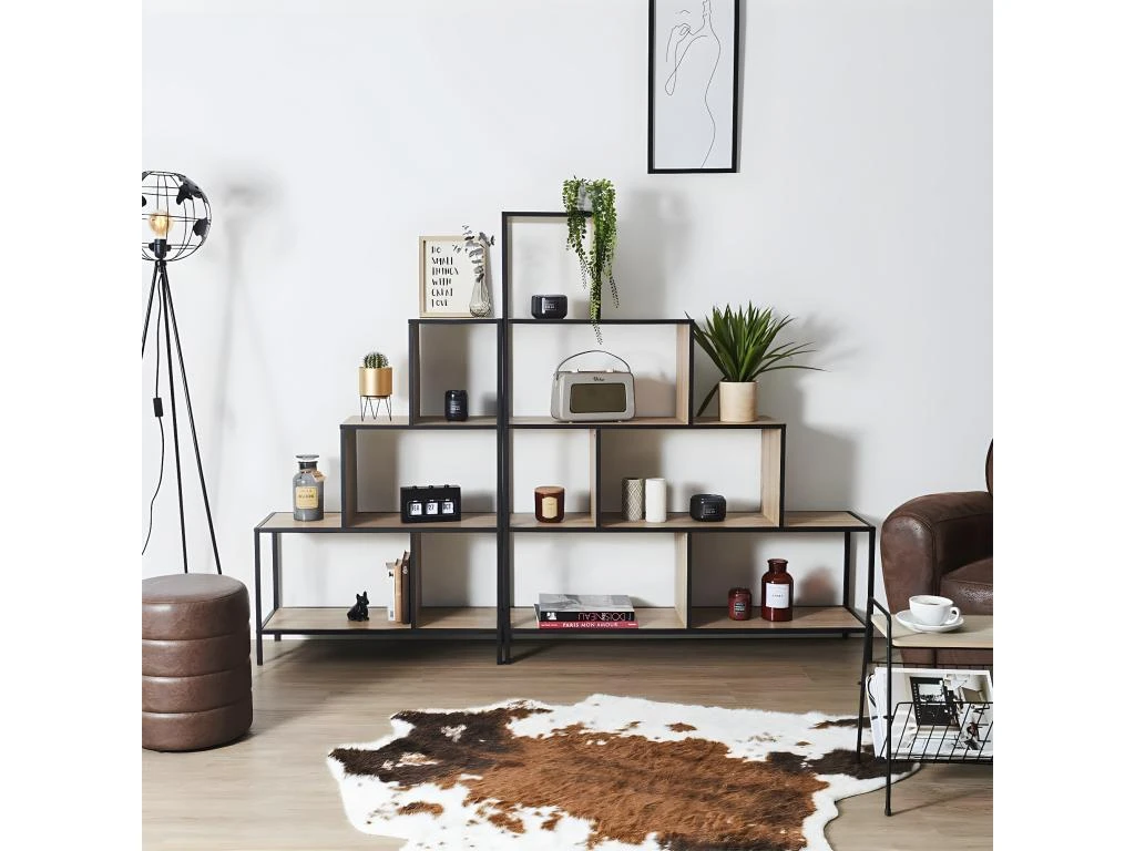 ENDIS - Etagère Escalier 5 Niveaux Aspect Bois Et Métal Noir – Image 4