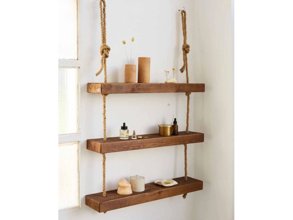 Etagère Suspendue En Bois De Couleur Marron Vieilli à 3 étages 70 Cm – Image 2