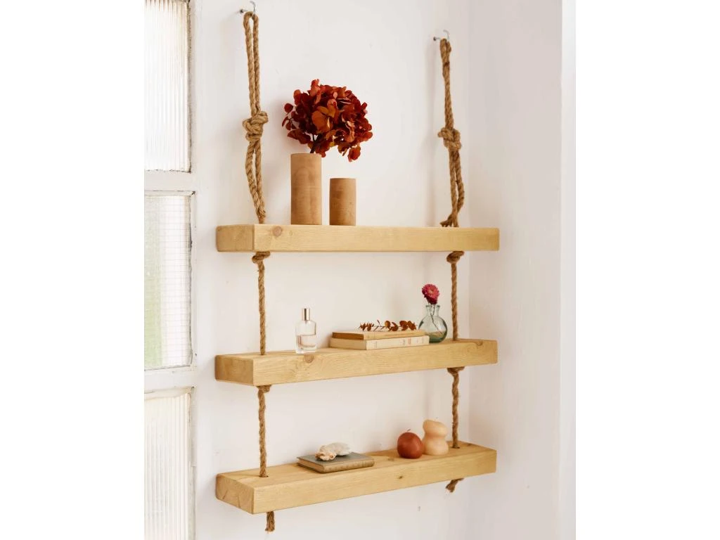 Etagère Suspendue En Bois Massif De Couleur Naturelle à 3 étages 70 Cm – Image 2