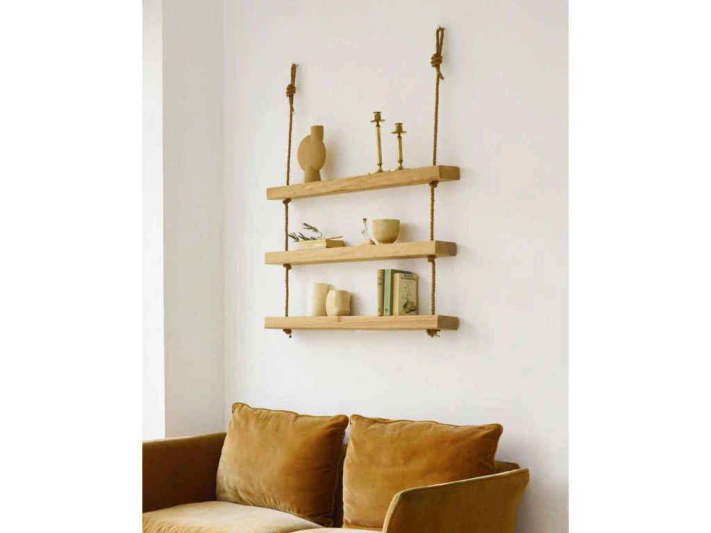 Etagère Suspendue En Bois Massif De Couleur Naturelle à 3 étages 70 Cm – Image 4