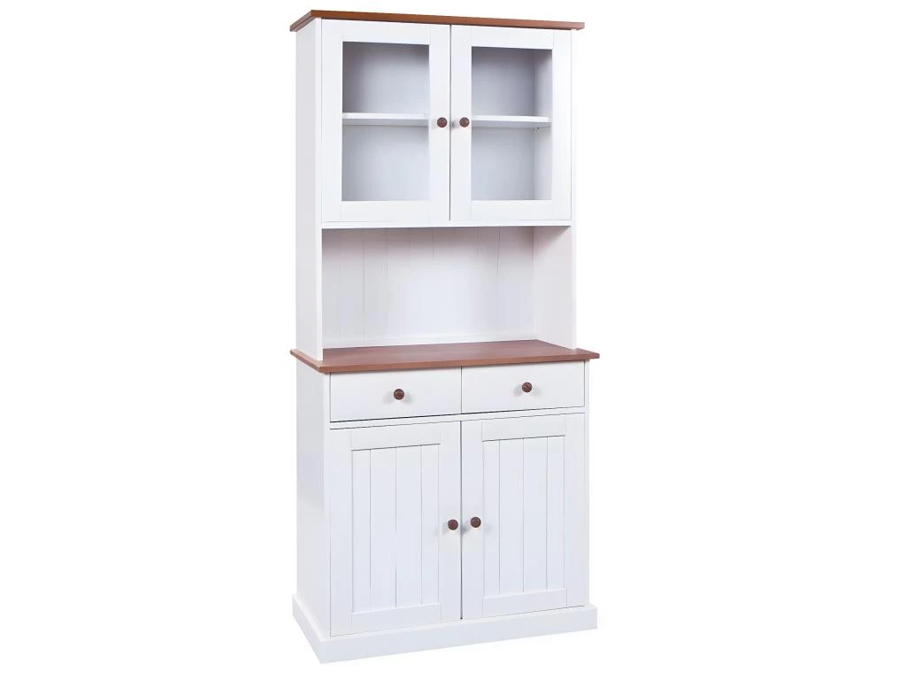 SOCOA - Buffet Vaisselier 4 Portes 2 Tiroirs Bois Massif Vernis Sepia Et Blanc