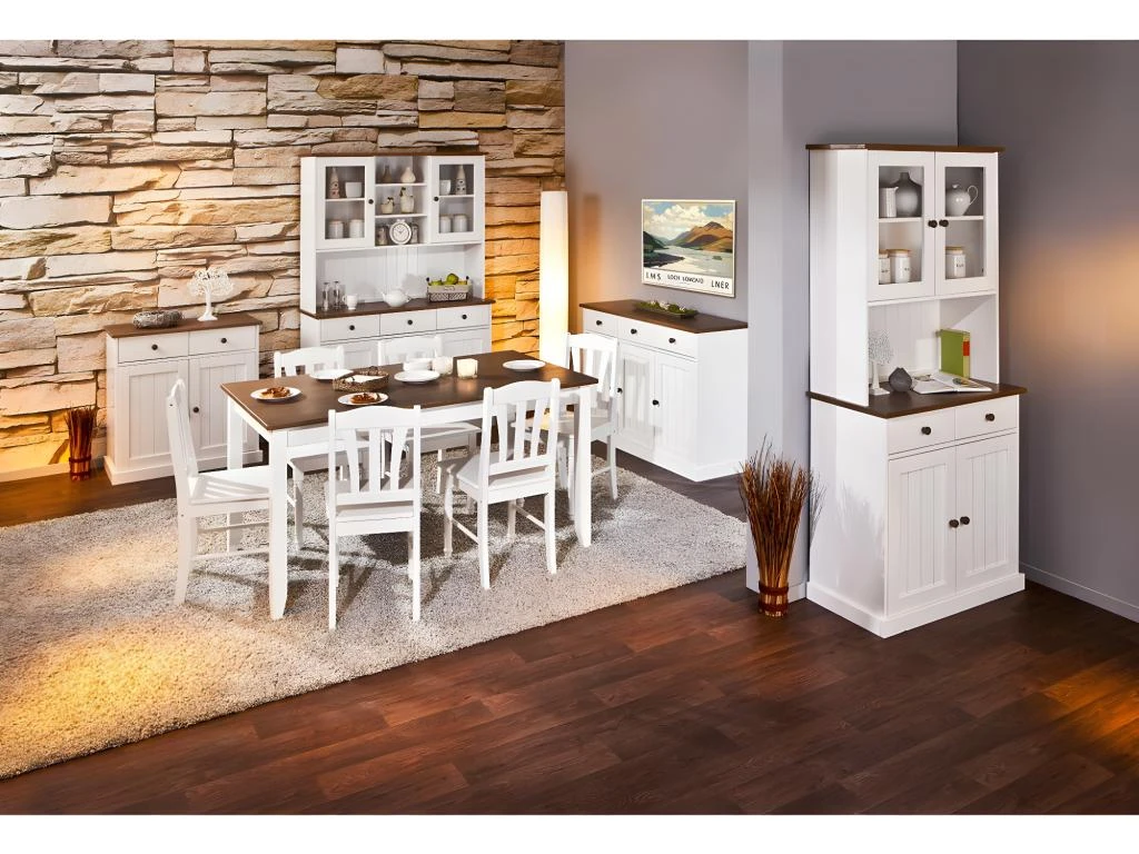 SOCOA - Buffet Vaisselier 4 Portes 2 Tiroirs Bois Massif Vernis Sepia Et Blanc – Image 2