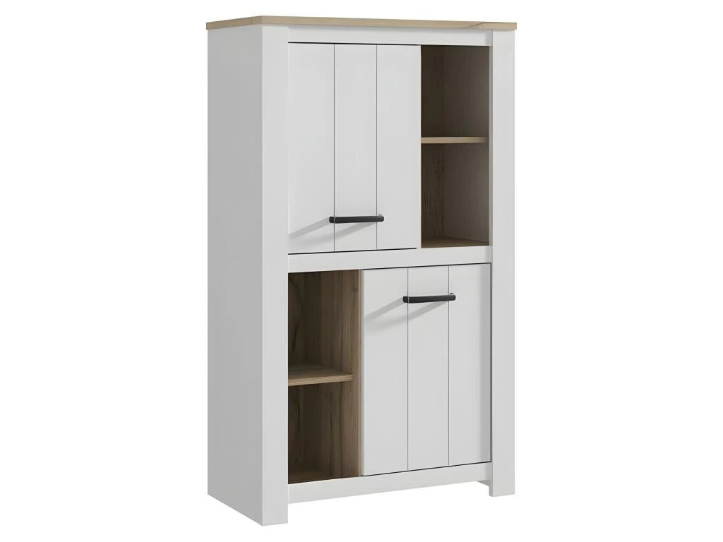 Vaisselier 2 Portes 4 Niches Blanc Mat Décor Bois Poignées Noir - LEANE