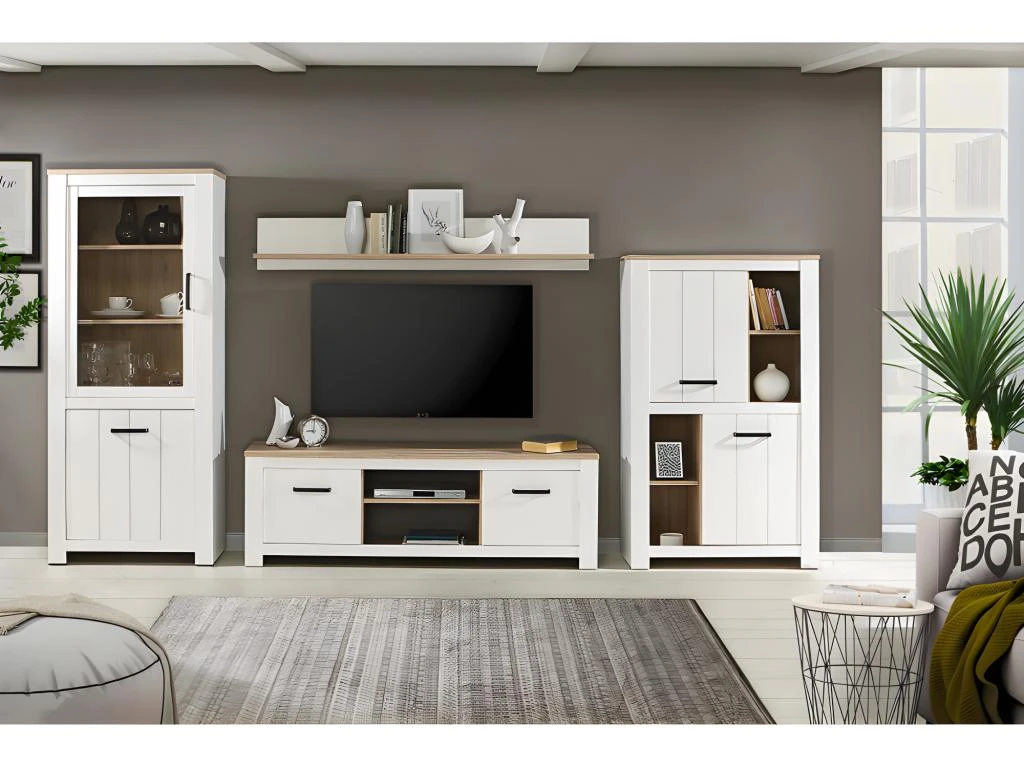 Vaisselier 2 Portes 4 Niches Blanc Mat Décor Bois Poignées Noir - LEANE – Image 2