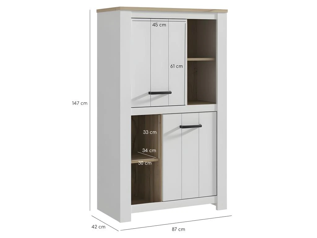 Vaisselier 2 Portes 4 Niches Blanc Mat Décor Bois Poignées Noir - LEANE – Image 4