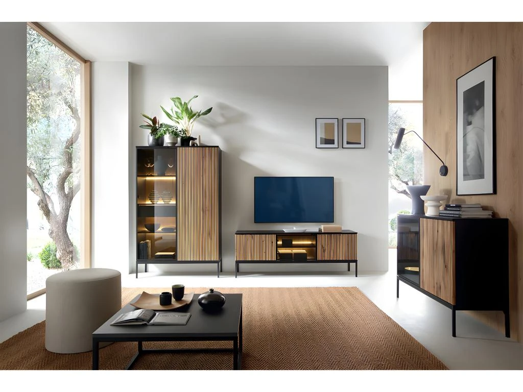 Vaisselier 2 Portes LED Dune Noir Et Bois – Image 5