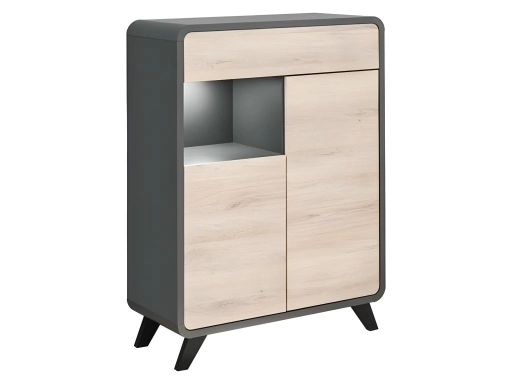 Vaisselier Modèle Bas Avec LED Intégrées Collection OASIS. Coloris Gris Anthracite Et Bois.