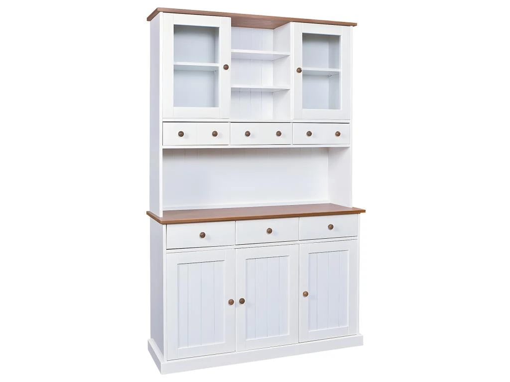 SOCOA - Buffet Vaisselier 5 Portes 6 Tiroirs Bois Massif Vernis Sepia Et Blanc