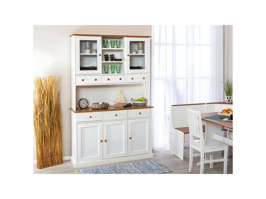 SOCOA - Buffet Vaisselier 5 Portes 6 Tiroirs Bois Massif Vernis Sepia Et Blanc – Image 2