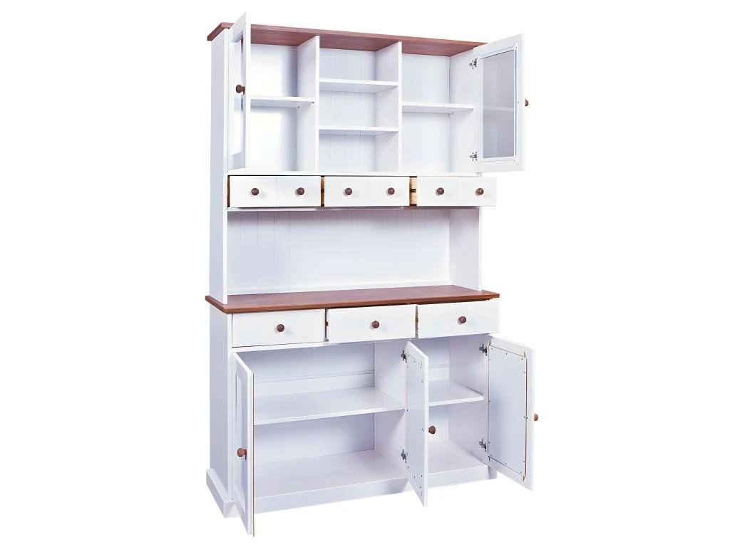 SOCOA - Buffet Vaisselier 5 Portes 6 Tiroirs Bois Massif Vernis Sepia Et Blanc – Image 3