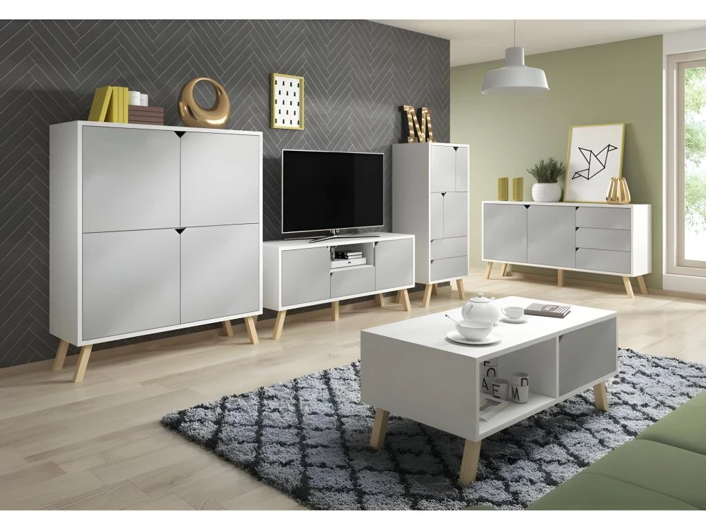 Vaisselier Design AOMORI 2 Tiroirs, 4 Portes, Coloris Blanc Et Gris Mat – Image 2