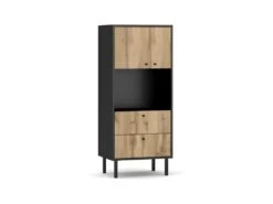 Vaisselier Industriel SPEBO 2 Tiroirs, 2 Portes Et 1 Niche, Coloris Noir Mat Et Chêne Wotan