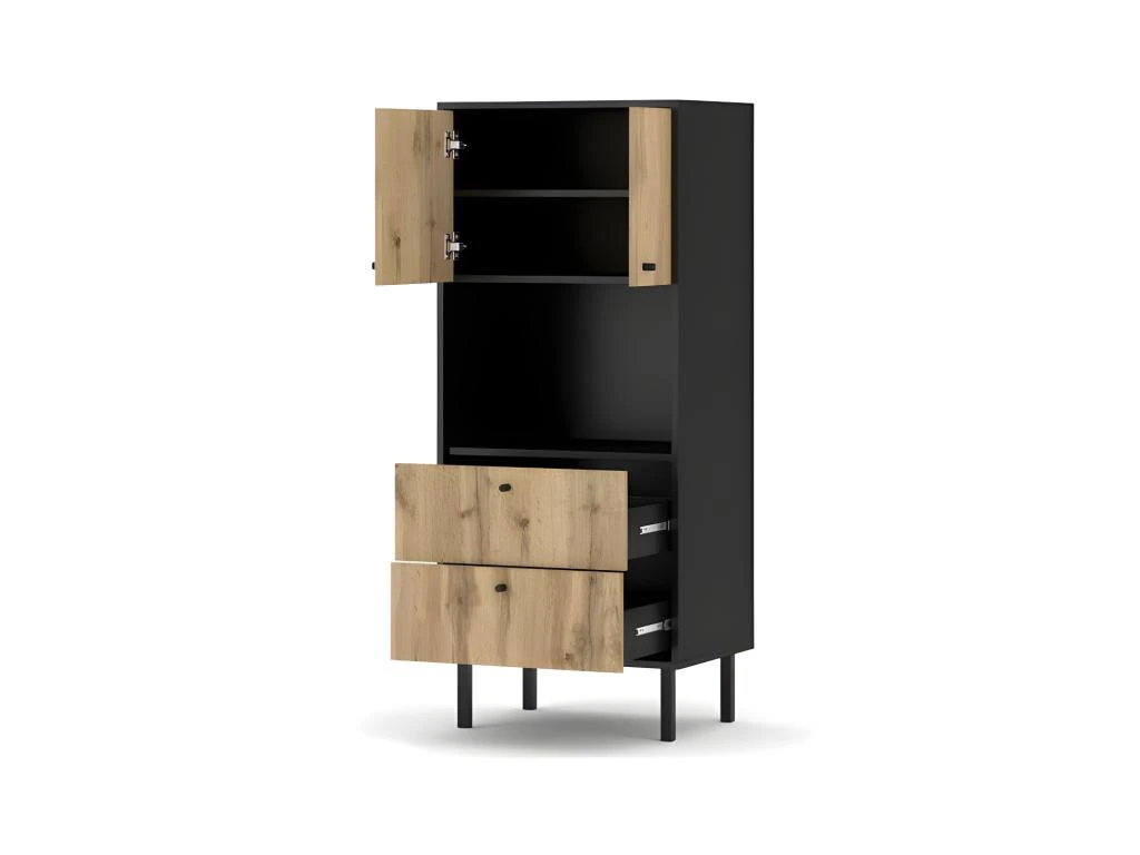 Vaisselier Industriel SPEBO 2 Tiroirs, 2 Portes Et 1 Niche, Coloris Noir Mat Et Chêne Wotan – Image 2