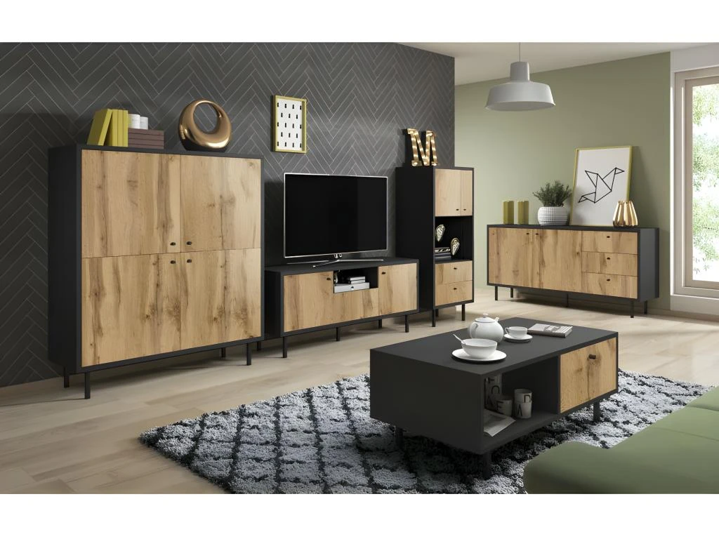 Vaisselier Industriel SPEBO 2 Tiroirs, 2 Portes Et 1 Niche, Coloris Noir Mat Et Chêne Wotan – Image 3