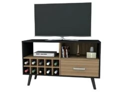 Meuble TV Bar 50 Pouces Range-Bouteilles Noir Châtaignier 12 Niches