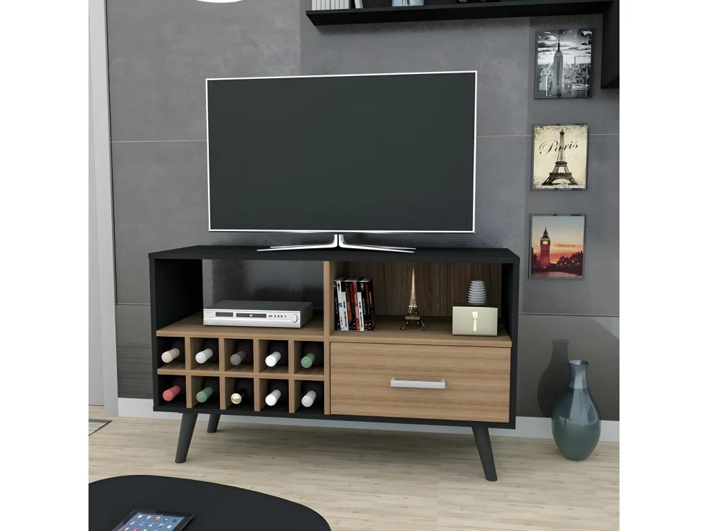 Meuble TV Bar 50 Pouces Range-Bouteilles Noir Châtaignier 12 Niches – Image 3