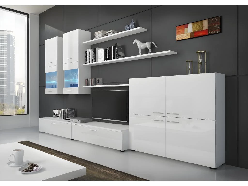 Ensemble De Meubles, Meuble TV, Ilumin. LED, Blanc Laque/Blanc Mate,300x189x42cm – Image 2