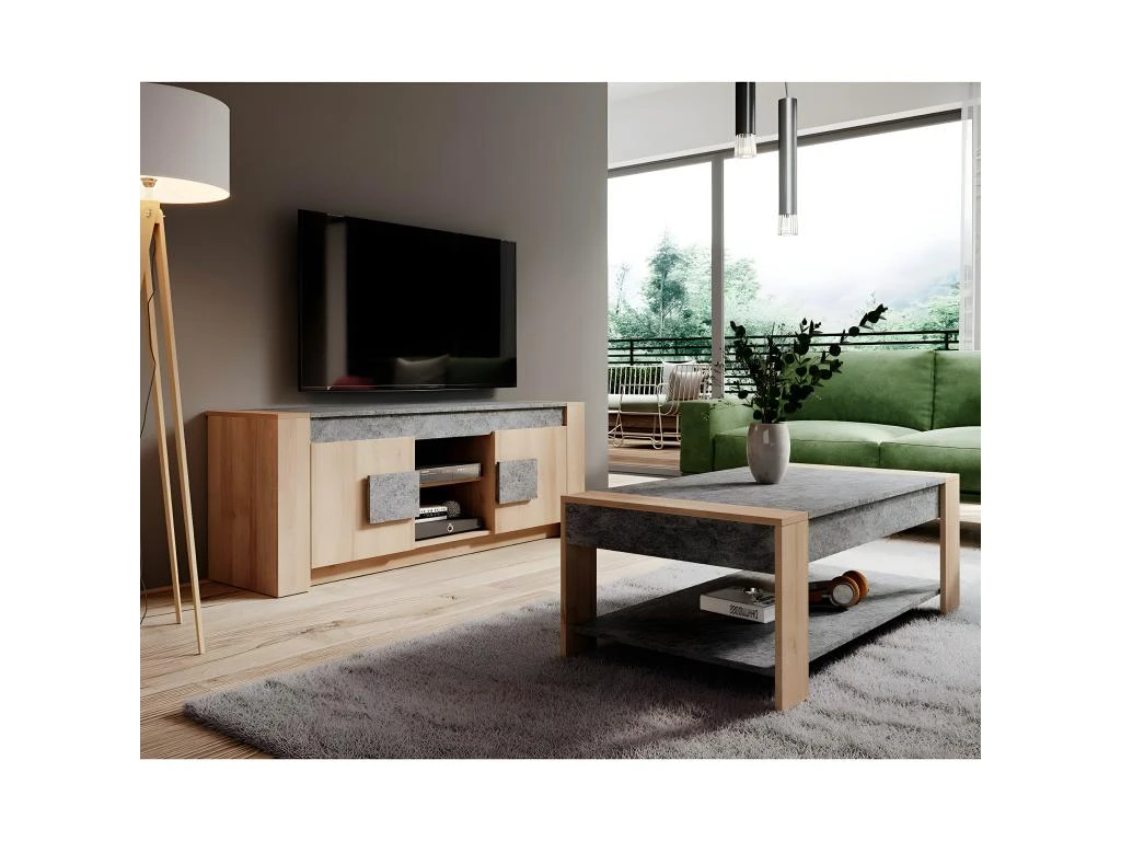 FANNY - Meuble TV 2 Portes Aspect Bois Et Pierre – Image 2