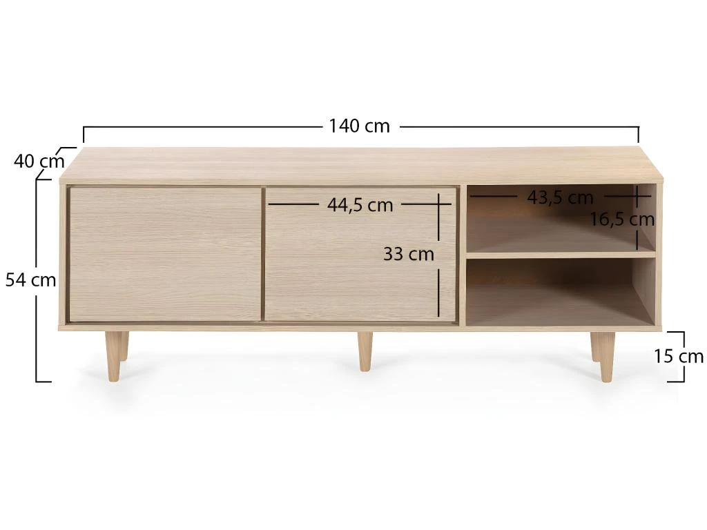 Meuble TV Denia 2 Portes Et 2 Niches Couleur Chêne, 140cm (Largeur) – Image 3