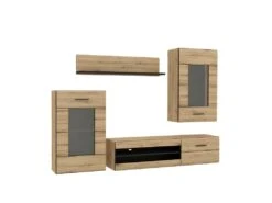 Ensemble Meuble TV Paroi Murale Décor Bois Clair Et Noir - SONNY