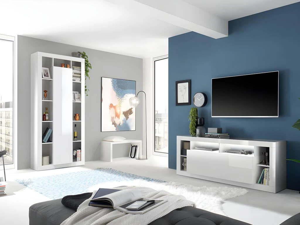 Meuble TV - 1 Porte Et 6 Niches - Avec LEDs - Blanc Laqué - BALKA – Image 7