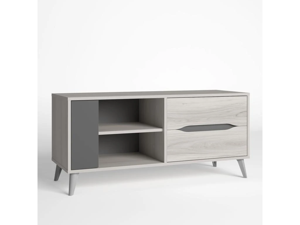 Meuble TV Salle à Manger Orly Couleur Chêne Clair Et Gris, 1 Porte Et 2 Tiroirs