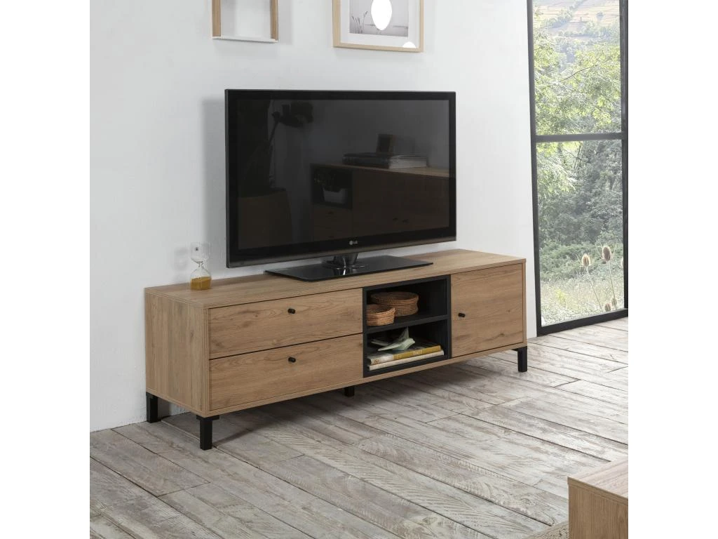 Meuble TV Javea 2 Tiroirs Et 1 Porte, Couleur Bois Et Noir, 136,5 Cm (Largeur) – Image 4