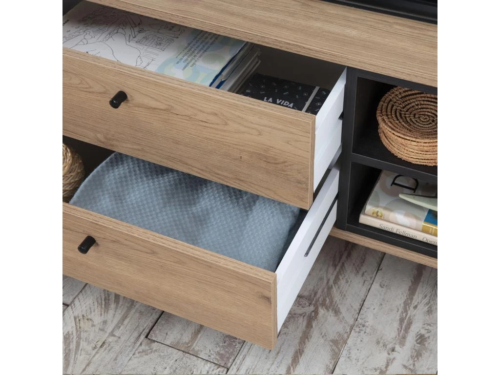 Meuble TV Javea 2 Tiroirs Et 1 Porte, Couleur Bois Et Noir, 136,5 Cm (Largeur) – Image 5