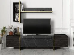 Ensemble TV Avec Rangements - Effet Marbre Noir, Naturel Foncé Et Doré - CADEBA II