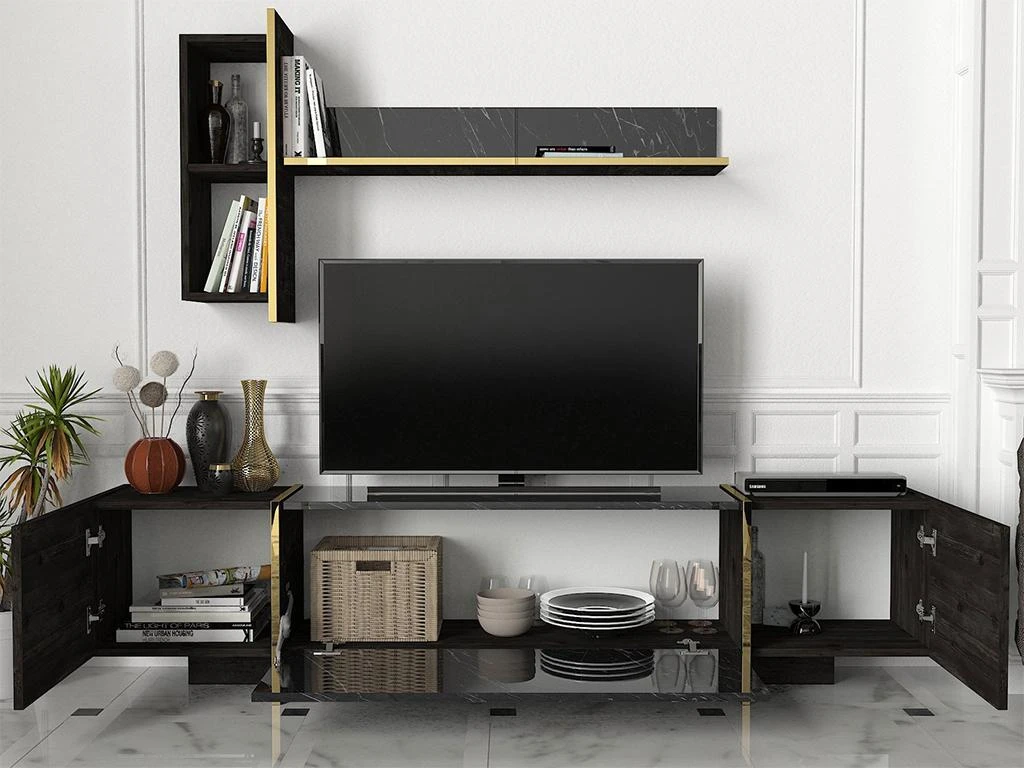 Ensemble TV Avec Rangements - Effet Marbre Noir, Naturel Foncé Et Doré - CADEBA II – Image 2