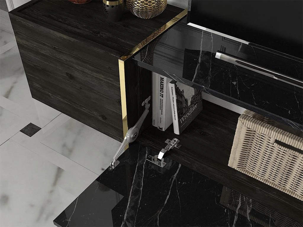 Ensemble TV Avec Rangements - Effet Marbre Noir, Naturel Foncé Et Doré - CADEBA II – Image 4