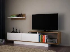 Ensemble TV Avec Rangements - Naturel Et Blanc - RANEBI II