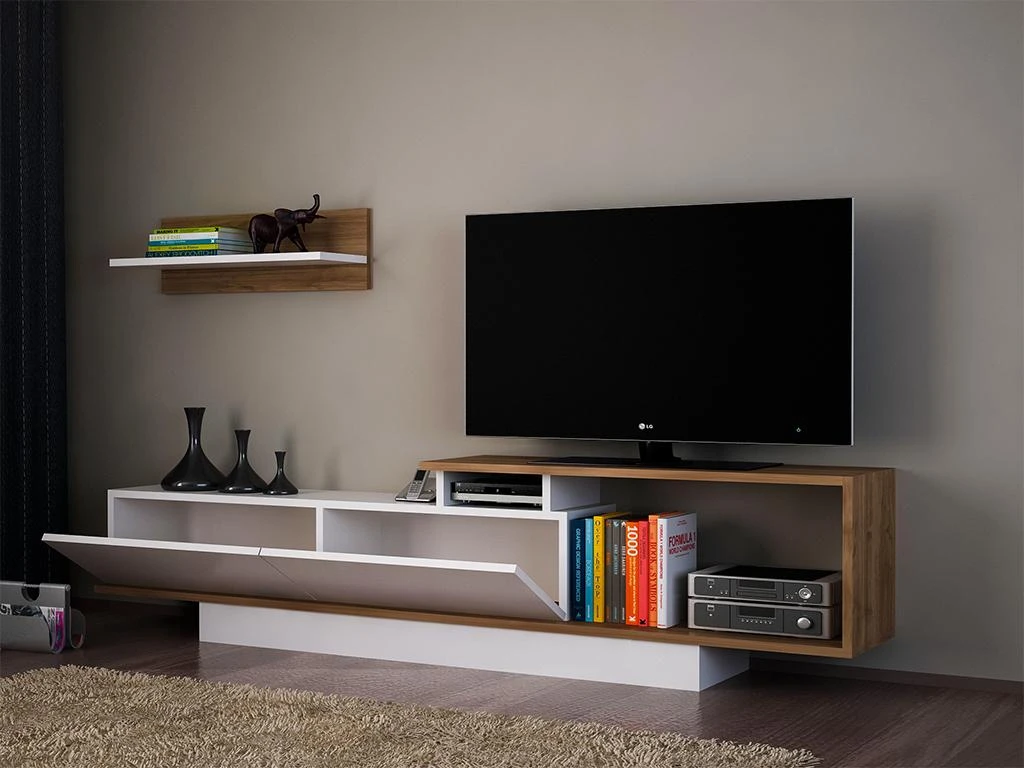 Ensemble TV Avec Rangements - Naturel Et Blanc - RANEBI II – Image 2