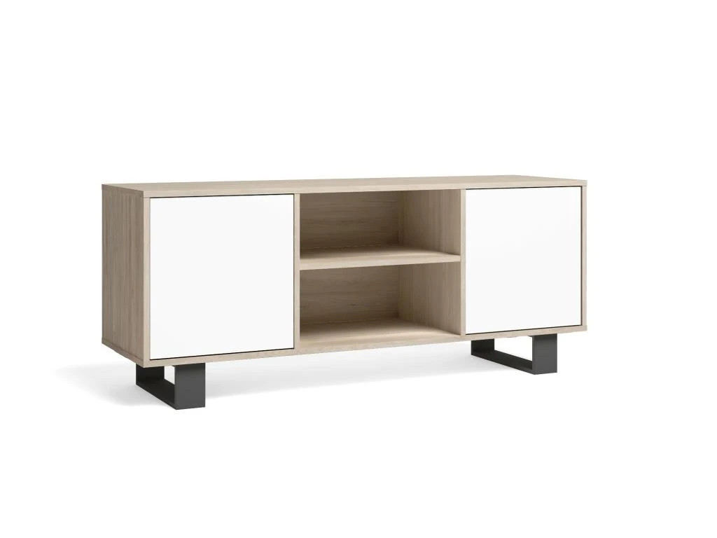 Meuble TV 140 2 Portes, Salon, Modèle WIND, Couleur Chêne-Blanc, 137x40x57cm.