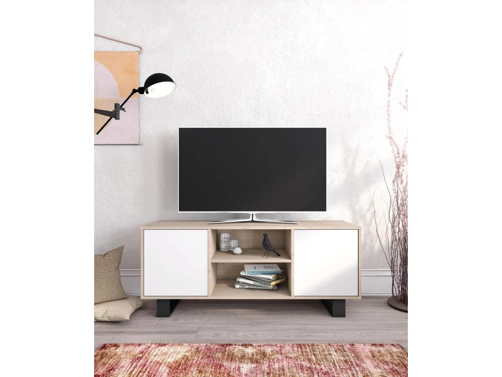 Meuble TV 140 2 Portes, Salon, Modèle WIND, Couleur Chêne-Blanc, 137x40x57cm. – Image 2